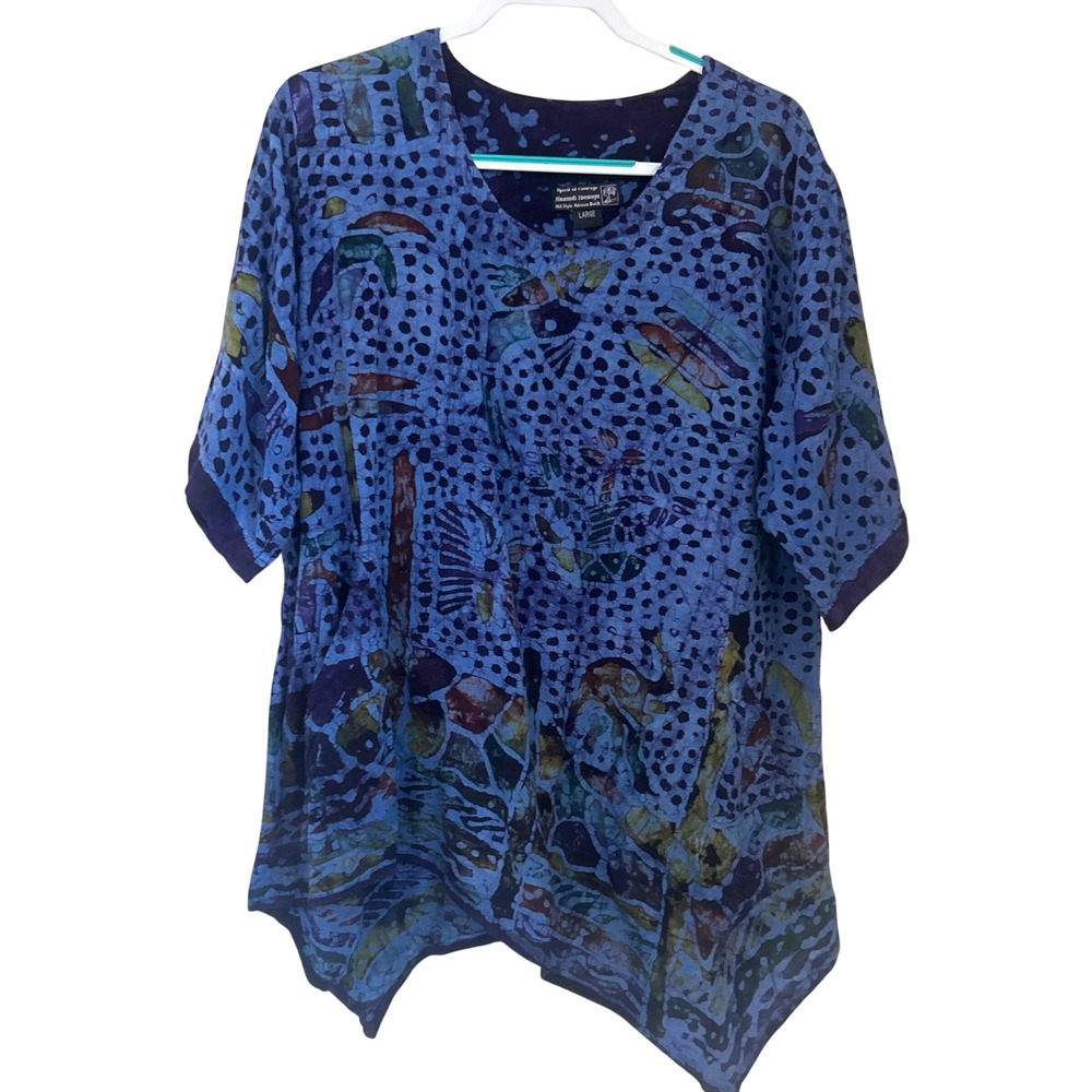 Spirit of Courage Nnamdi Ibenagu Size‎ L Tunic Top Blue Batik Animals Asym Hem